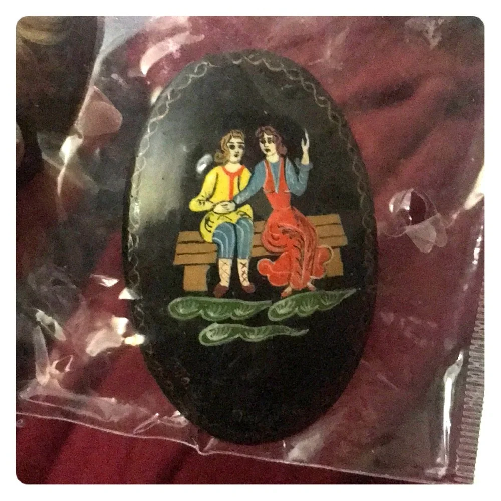 2 Russian brooches lacquer handpainted artisan signed collectors set Vintage